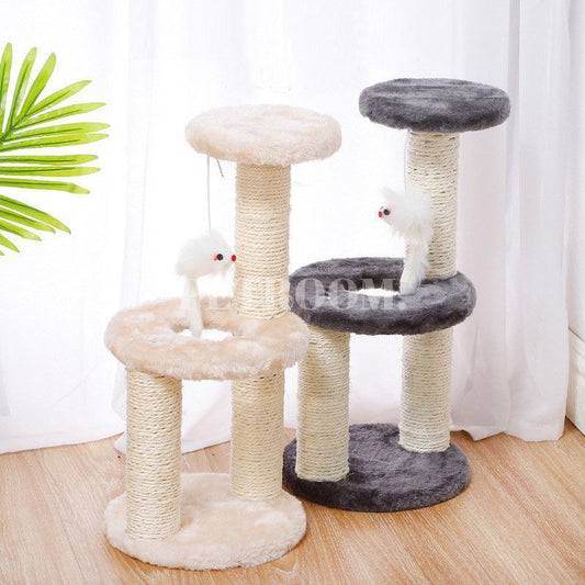 A beige and grey cat tree