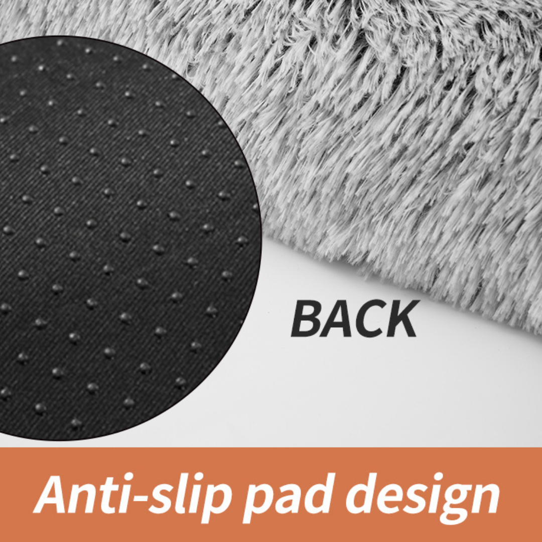 A grey dog beds back