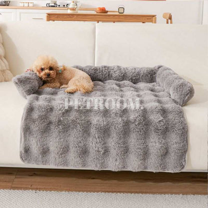 A grey Dog bed with a beige dog