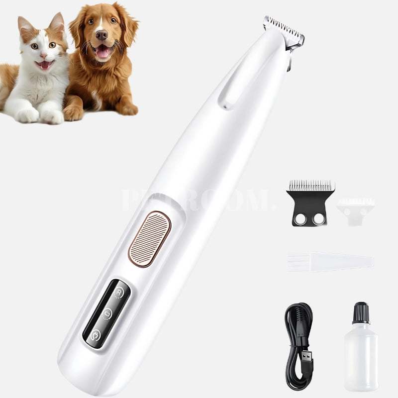 A pink, black and white Dog Paw Trimmer with a brush and two dogs